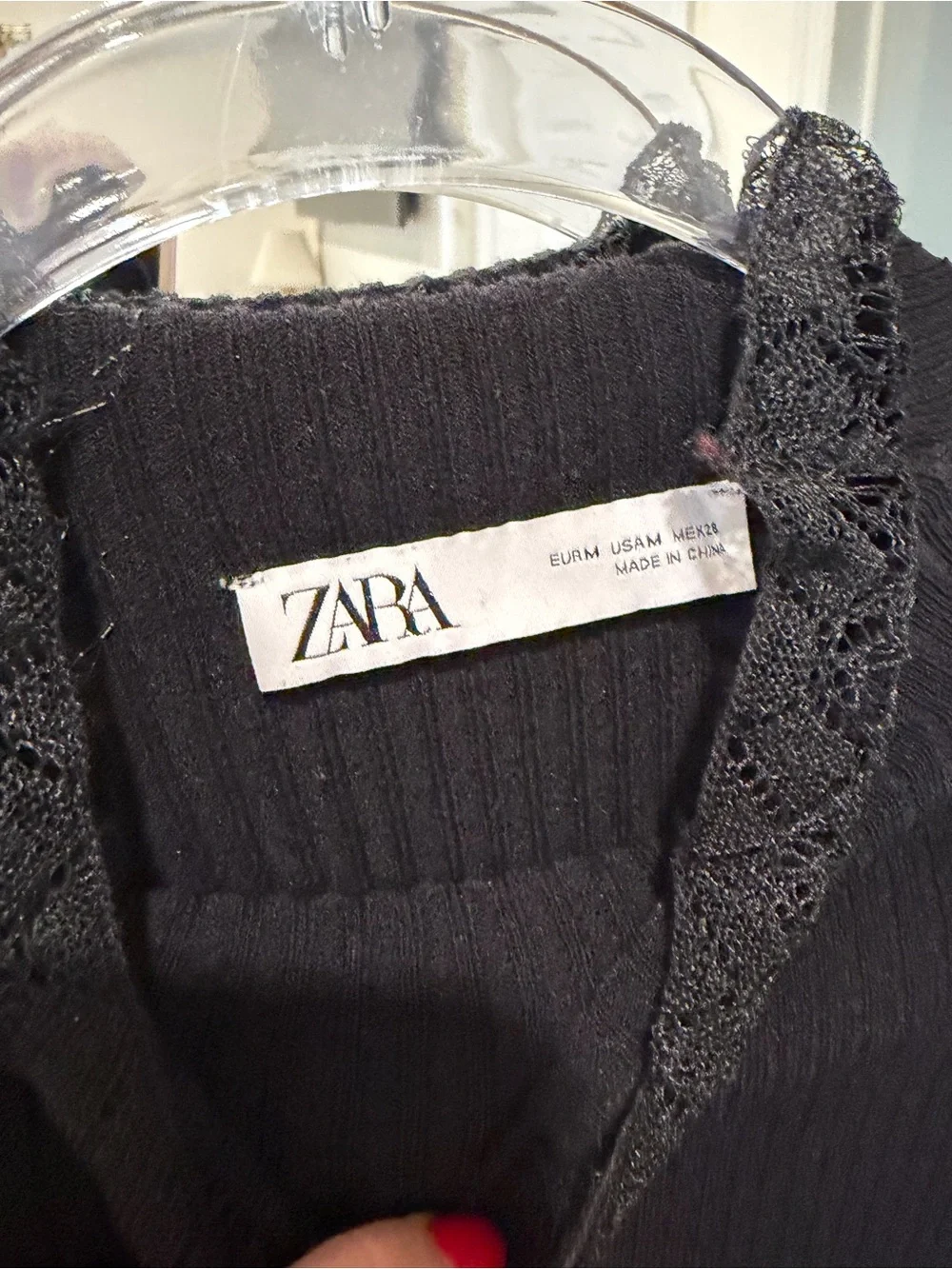 Zara Black Ribbed Long-Sleeve Top with Lace Trim